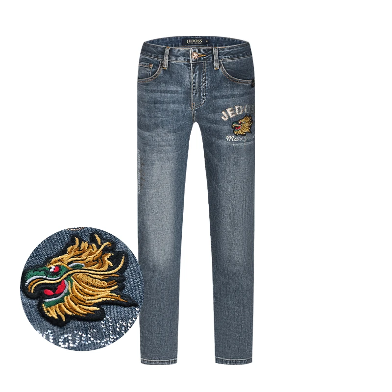 JEDOSS/爵迪斯男装夏季新款烫钻龙刺绣蓝色牛仔长裤修身直筒SD289