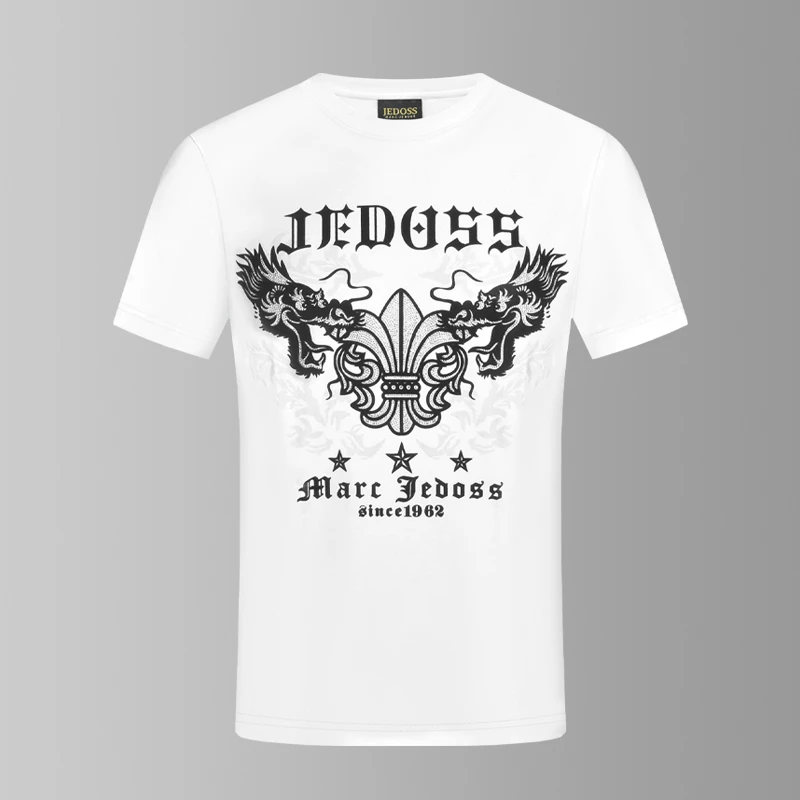 半袖纯棉夏季JEDOSS/爵迪斯潮流修身新款植绒烫钻祥瑞龙短袖T恤