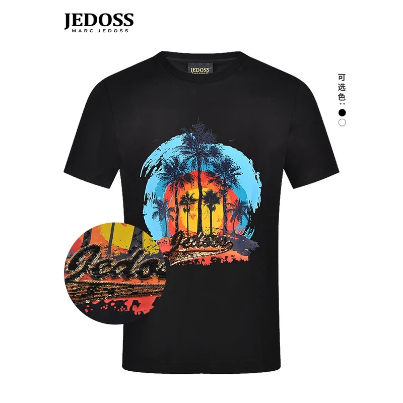 JEDOSS/爵迪斯高考毕业季男装春夏椰树印花字母烫钻修身T恤350