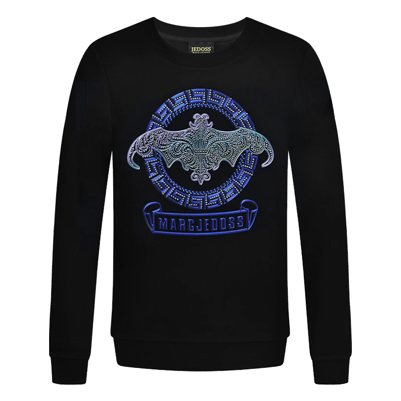 JEDOSS/爵迪斯男款加绒新款经典炫彩LOGO无帽黑色卫衣潮宽松春秋