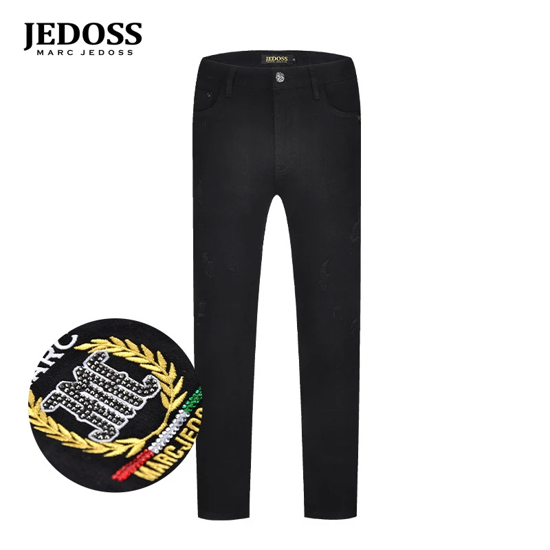 JEDOSS/爵迪斯男装专柜款麦穗烫钻简约修身黑牛仔长裤053YH