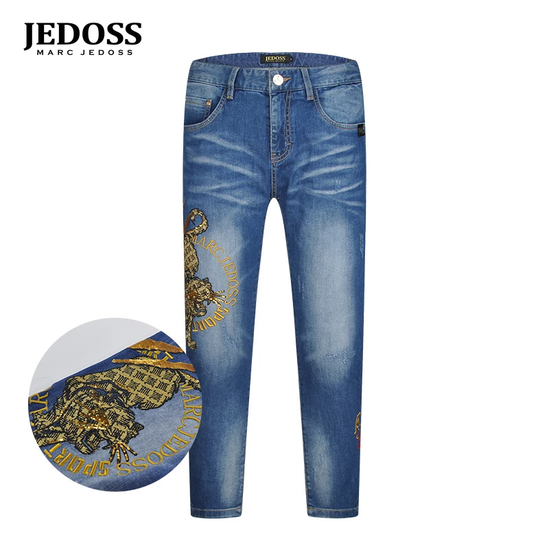 JEDOSS/爵迪斯薄款修身款刺绣老虎潮流九分男款裤蓝色复古