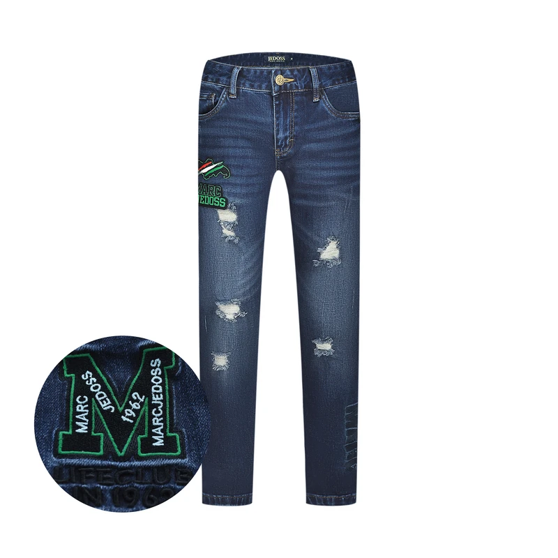 JEDOSS/爵迪斯裤子男款修身款宽松休闲刺绣章仔多色纱线牛仔裤