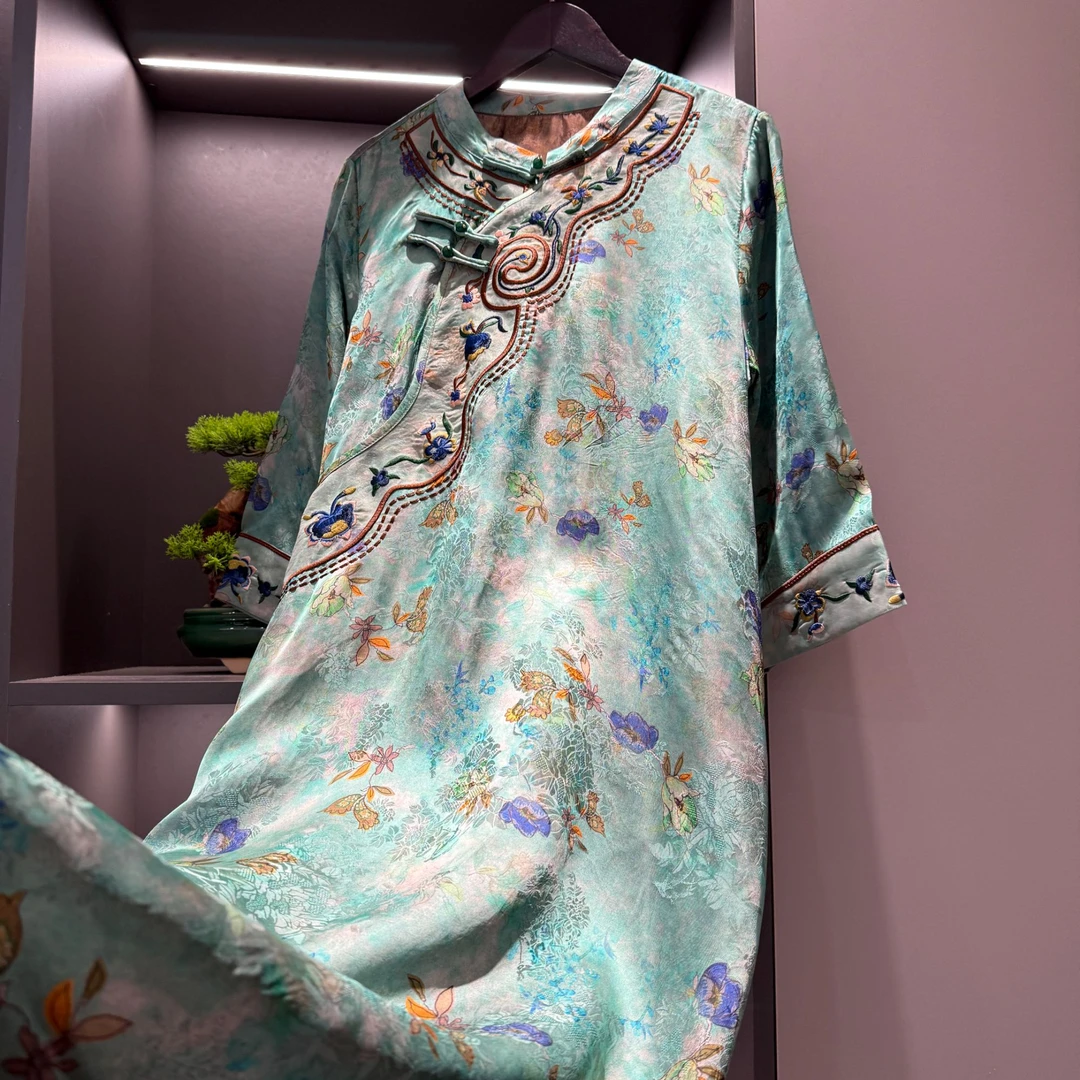 【婉悠秋序】中式连衣裙复古斜襟绣花盘扣秋季女装宽松连衣裙1113