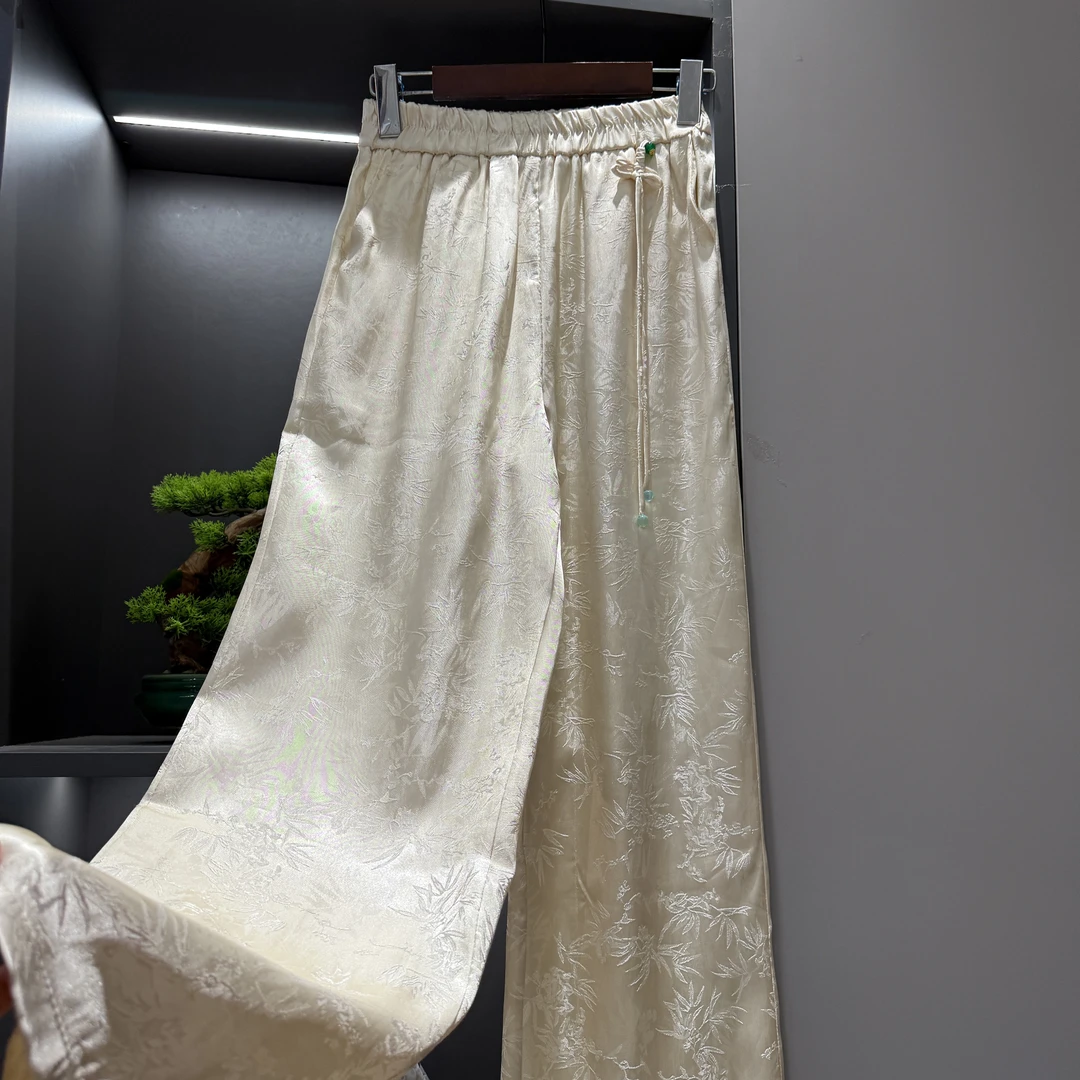 中式直筒裤流苏中高腰秋季女装宽松阔腿裤1110