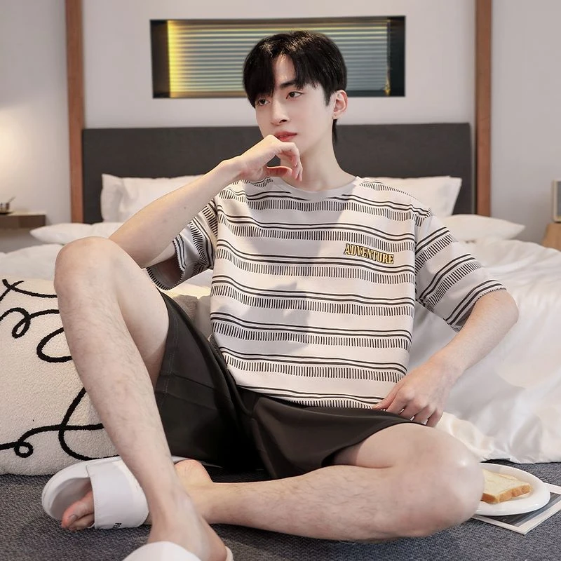 Y9356夏季纯棉睡衣男士短袖短裤浅灰条纹