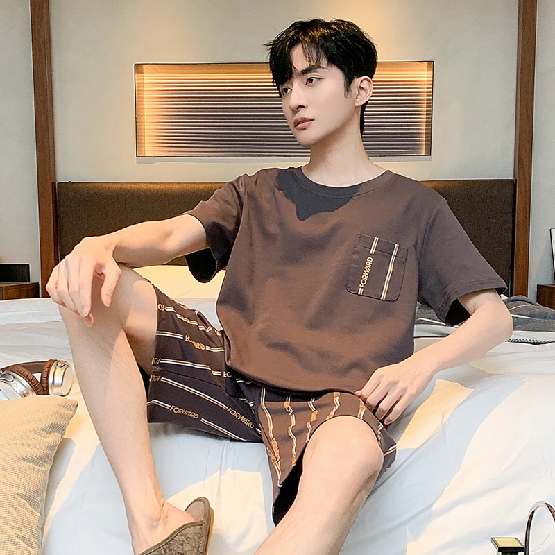 F52106夏季纯棉睡衣男士短袖短裤 灰色竖纹字母