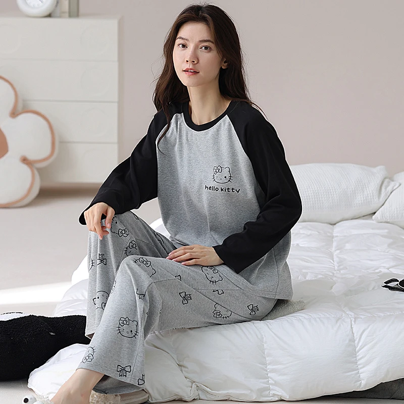 Y997春秋女士纯棉圆领长袖长裤家居服 AB卡通kitty猫百搭睡衣套装