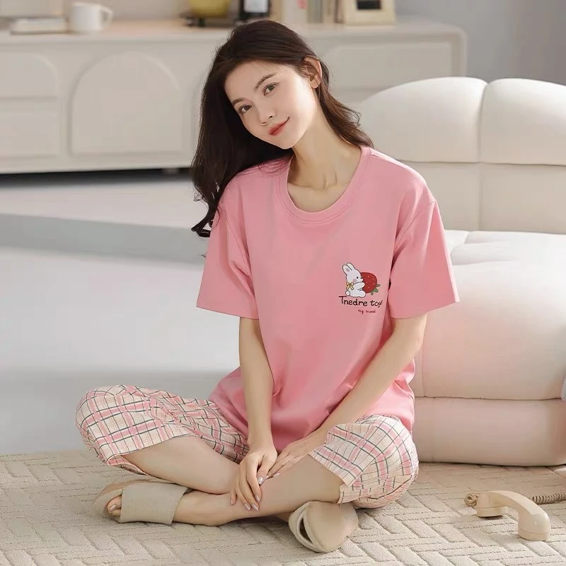 Y8028夏季女士纯棉睡衣短袖七分裤 草莓格子粉色