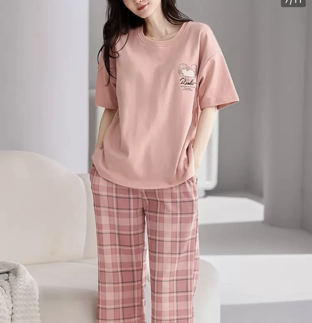 Y22809{拍一发三}夏季纯棉带胸垫睡衣女短袖长裤 爱心猫咪家居服