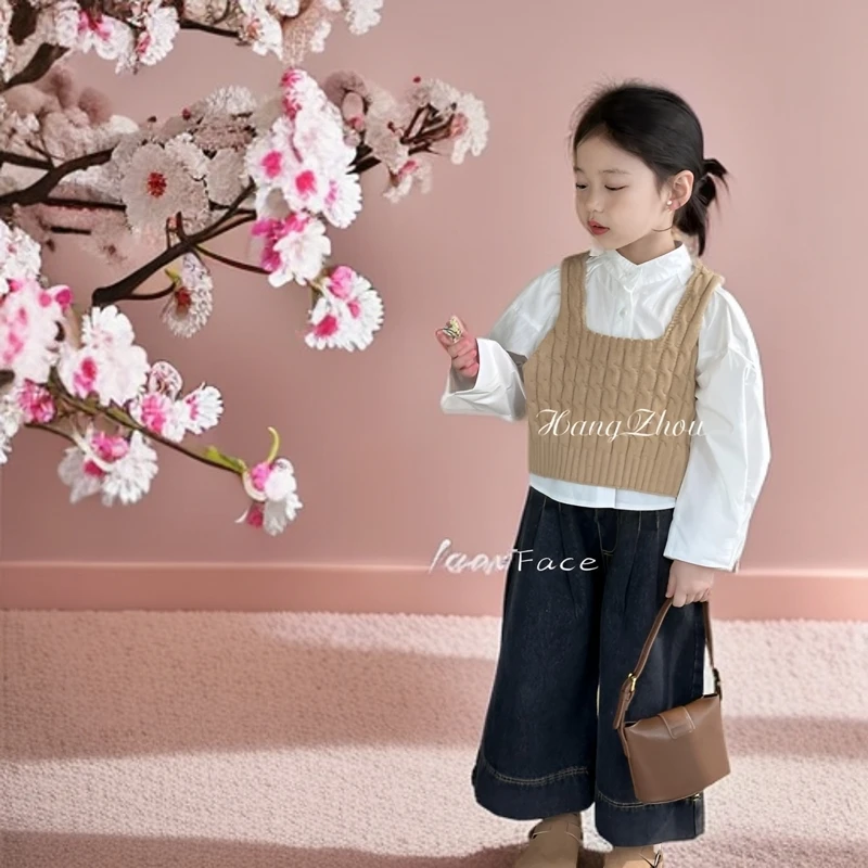 咸柠七2024女童韩版新款时髦白色衬衫针织吊带马甲洋气阔腿牛仔裤