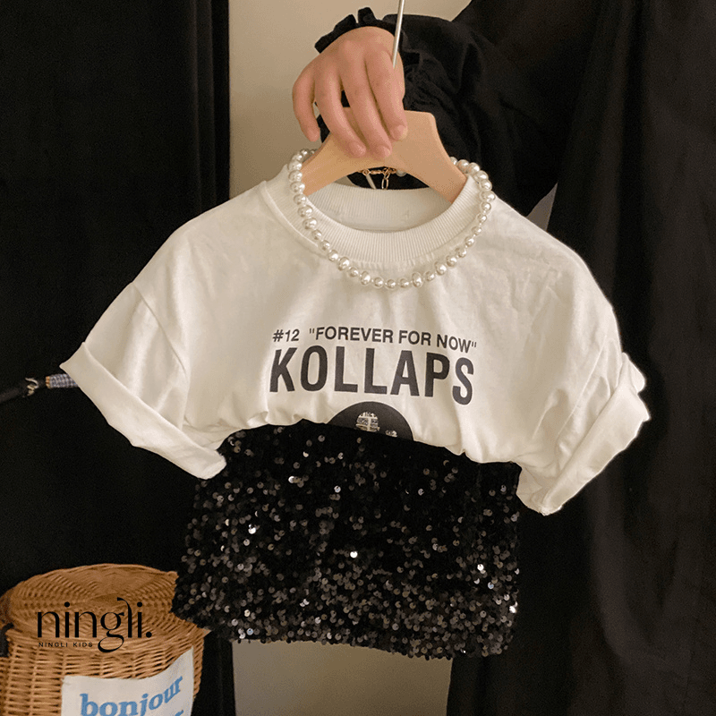 韩版童装2023夏季新款女童时髦字母短袖T恤网红亮片半身裙套装潮