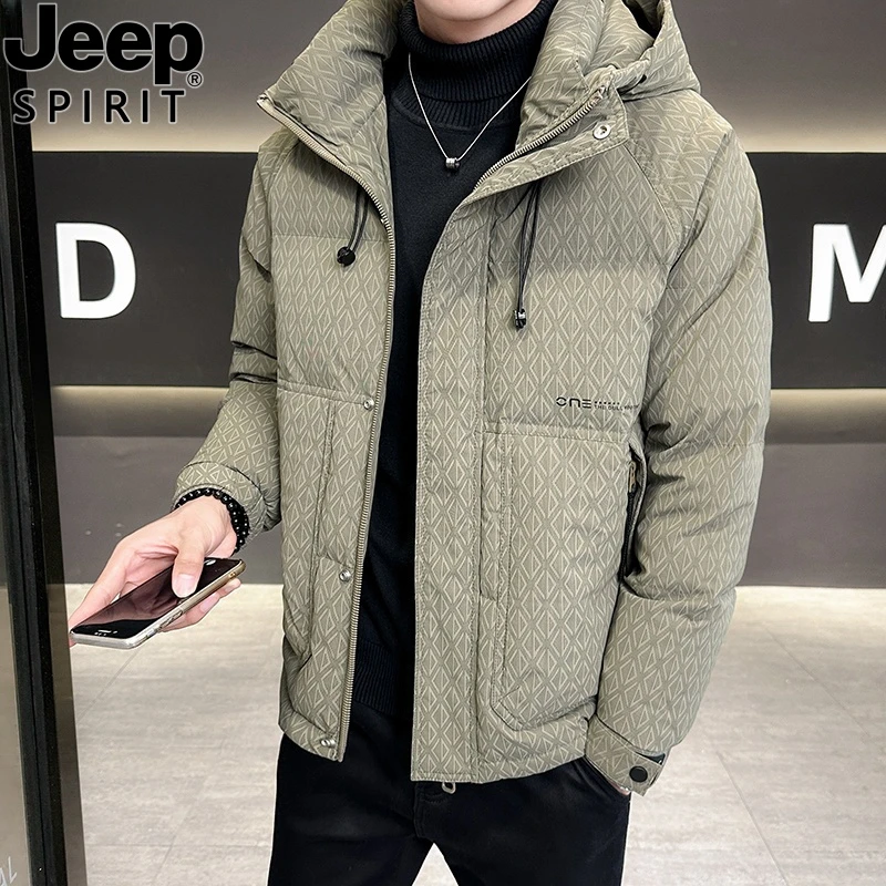 Jeep吉普冬季新款连帽时尚印花棉袄潮牌保暖加厚男款羽绒棉服外套