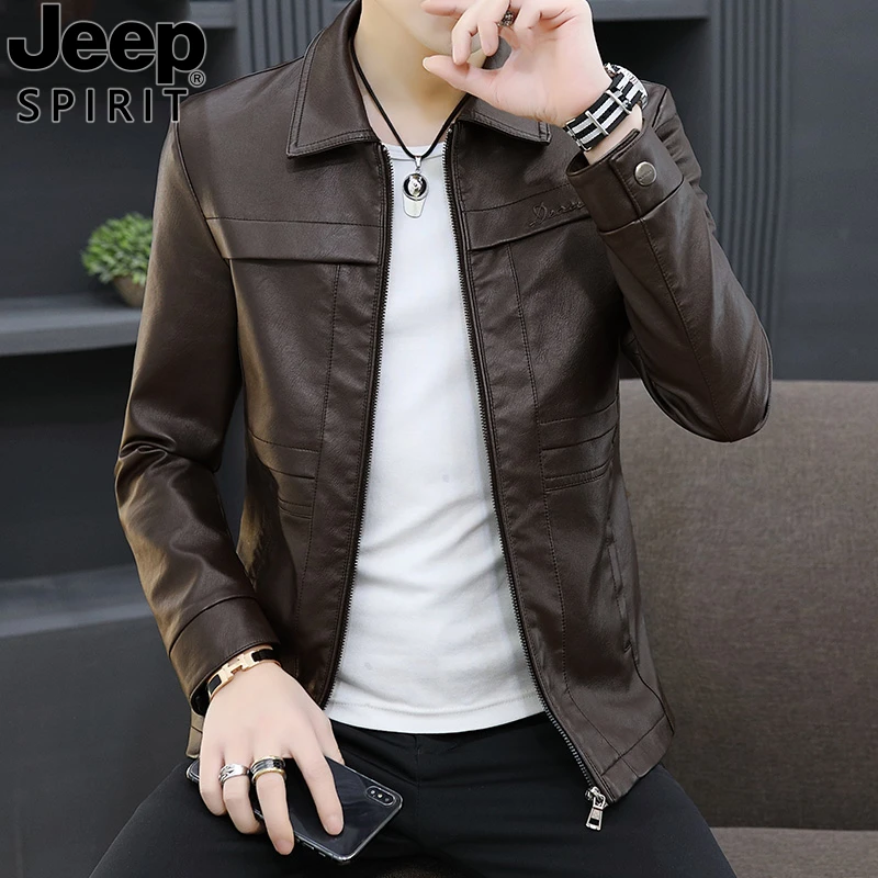 Jeep吉普皮衣男春秋季新款韩版痞帅气青年帅气机车皮夹克百搭加绒