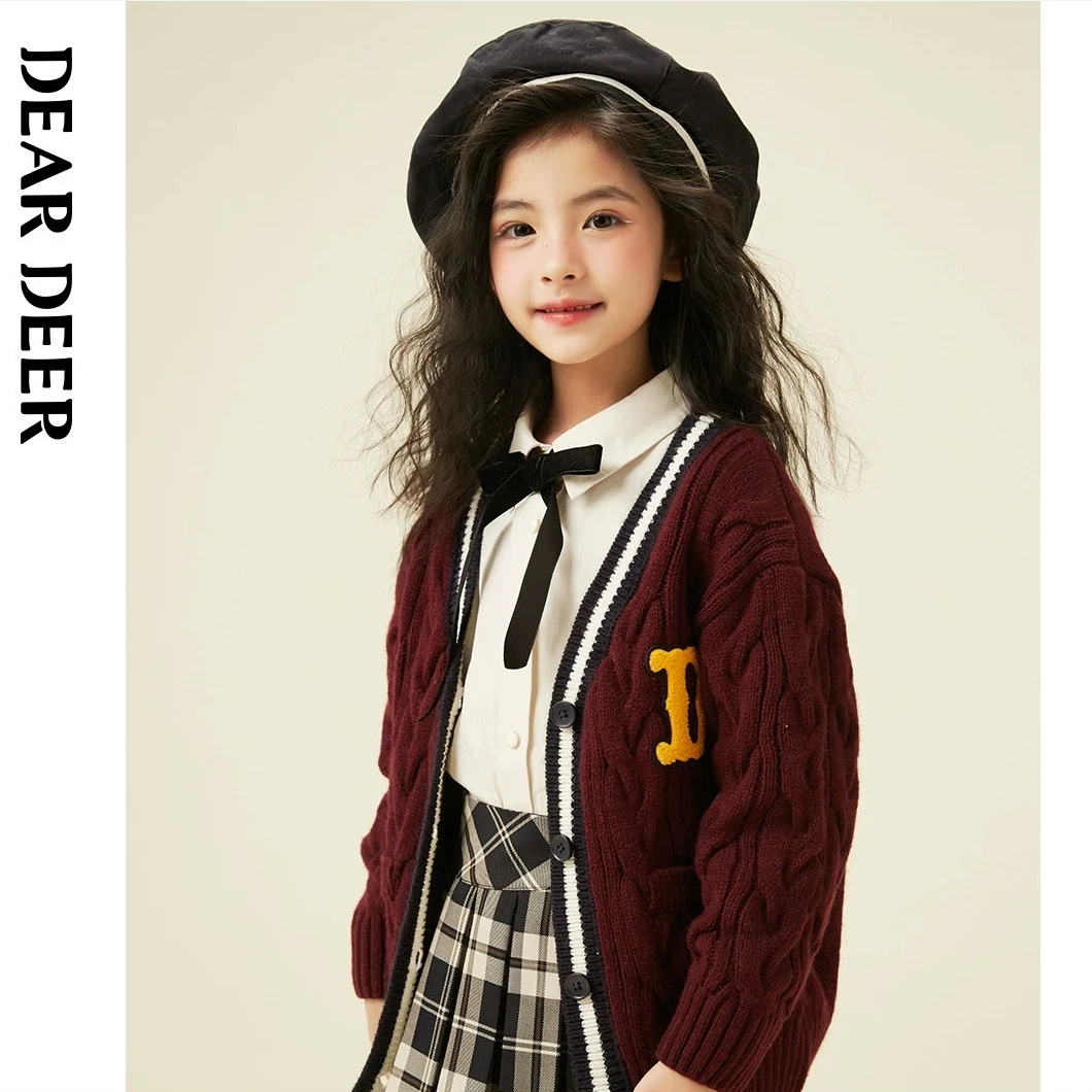 【直播清】迪迪鹿女大童春秋季V领毛衣英伦风线衫开衫C123321704