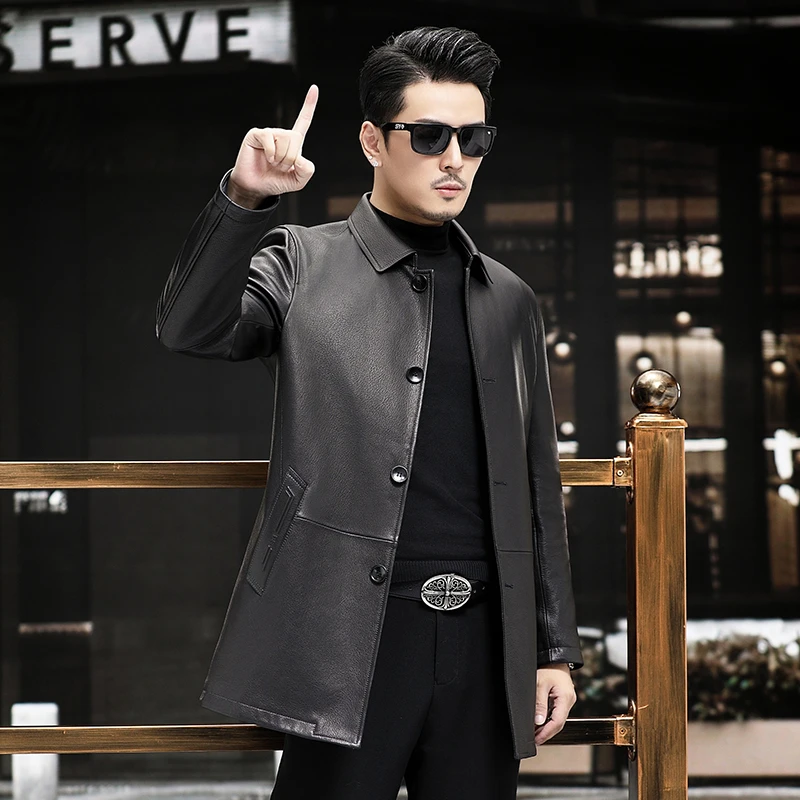 vhy23海宁皮衣男真皮中长款商务翻领山羊皮风衣春秋薄皮外套大码