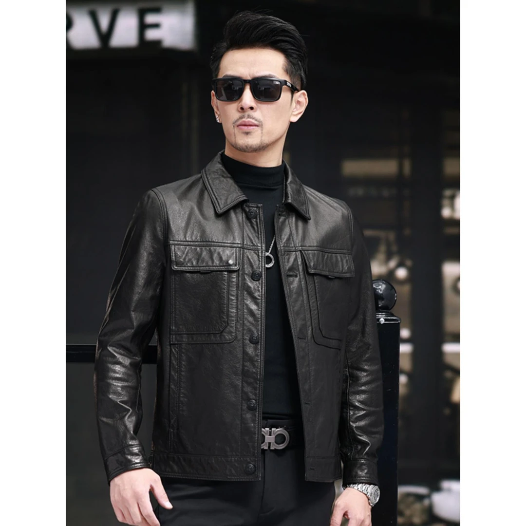 头层油蜡牛皮翻领纽扣门襟短款机车服皮夹克秋季外套