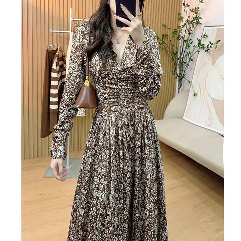 【咖色碎花连衣裙】韩版