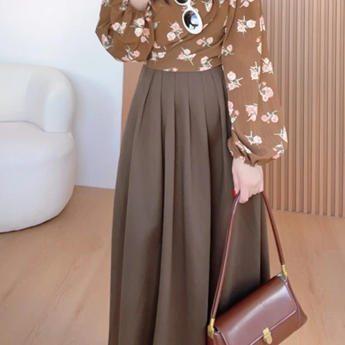 【咖色百褶裙】-韩版高腰显瘦半裙--