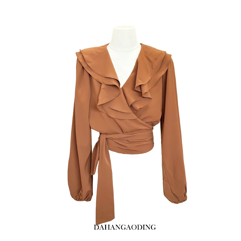 ---【咖色堆堆领系带上衣】韩版气质减龄显瘦衬衣