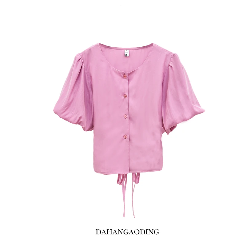 【树莓粉泡泡袖系带上衣】韩版气质减龄显瘦百搭衬衣--