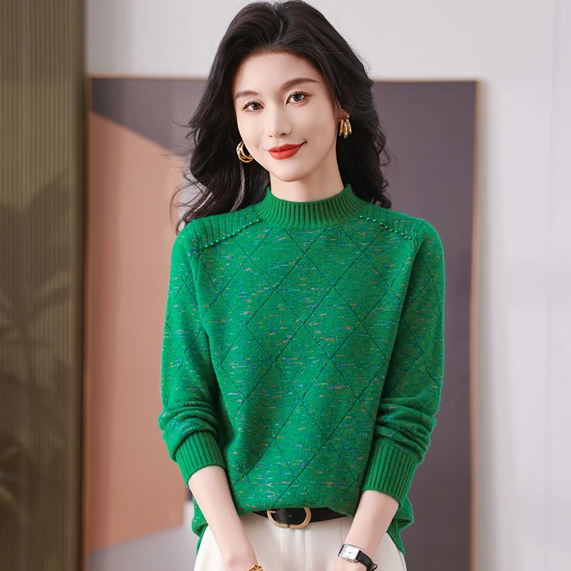 加厚女士针织衫冬季新款珍珠扣花纱洋气打底衫百搭气质设计感毛衣