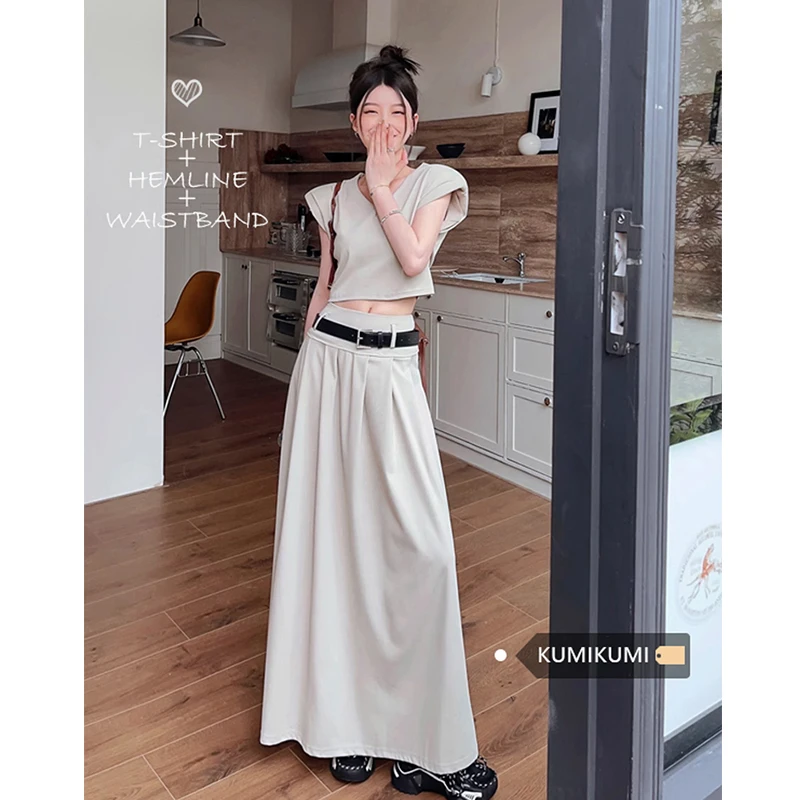 白色休闲套装女秋季2024新款百搭无袖v领短上衣高腰半身裙两件套