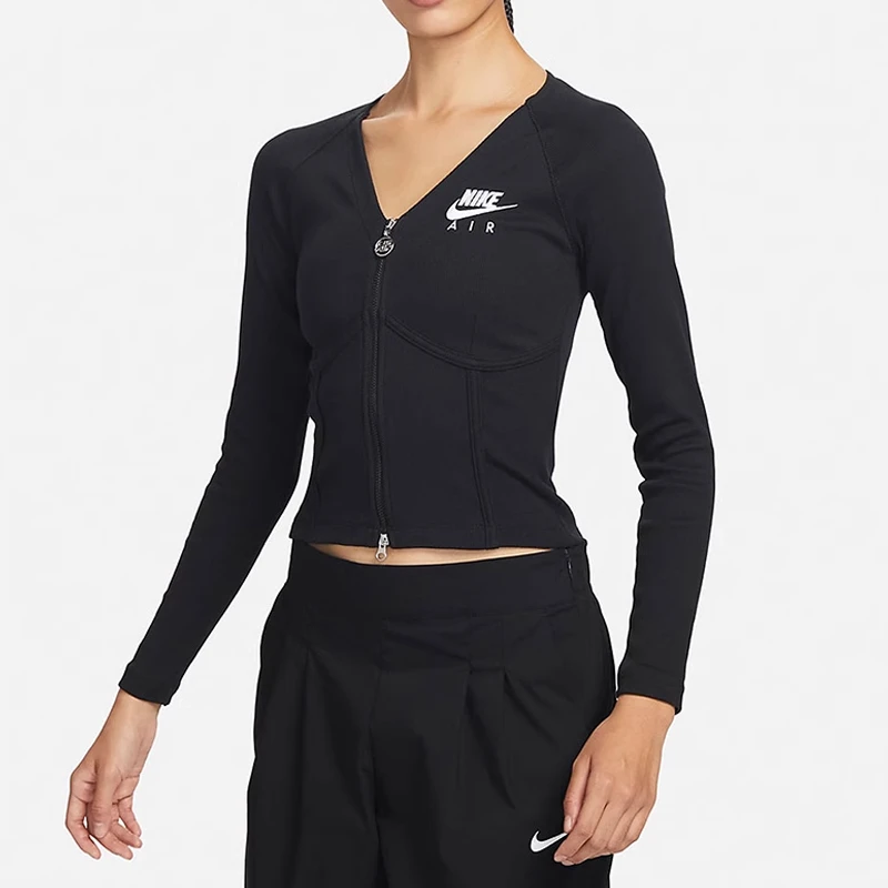 NIKE/耐克女款鱼骨上衣 显瘦双拉链刺绣V领针织修身长袖打底衫