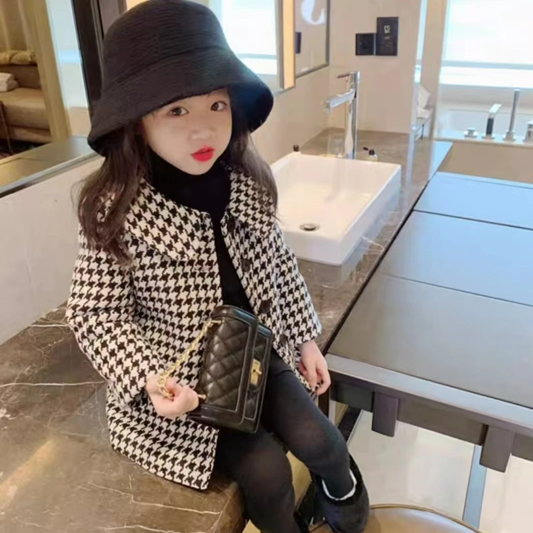 (现货）千鸟格呢子大衣菱形格夹棉女童呢大衣外套时尚韩版洋气