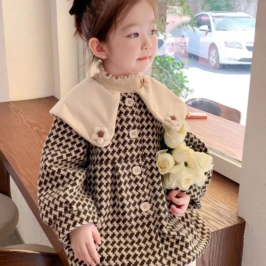 女童加绒外套秋冬2022新款千鸟格小香风毛呢外套儿童加厚保暖