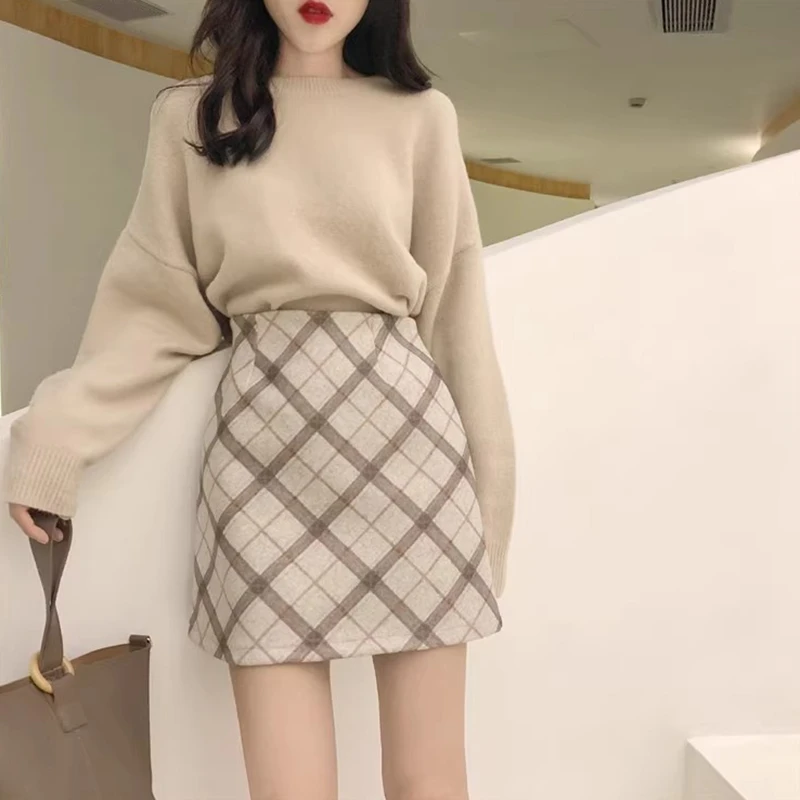 秋冬复古显瘦毛呢半身裙格子冬天小香风高腰裙子冬季A字包臀短裙