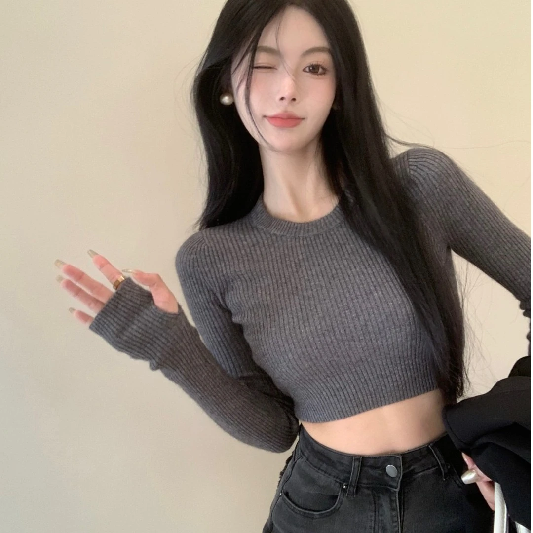 灰色秋冬毛衣内搭短款紧身打底辣妹上衣针织衫打底衫修身长袖黑色