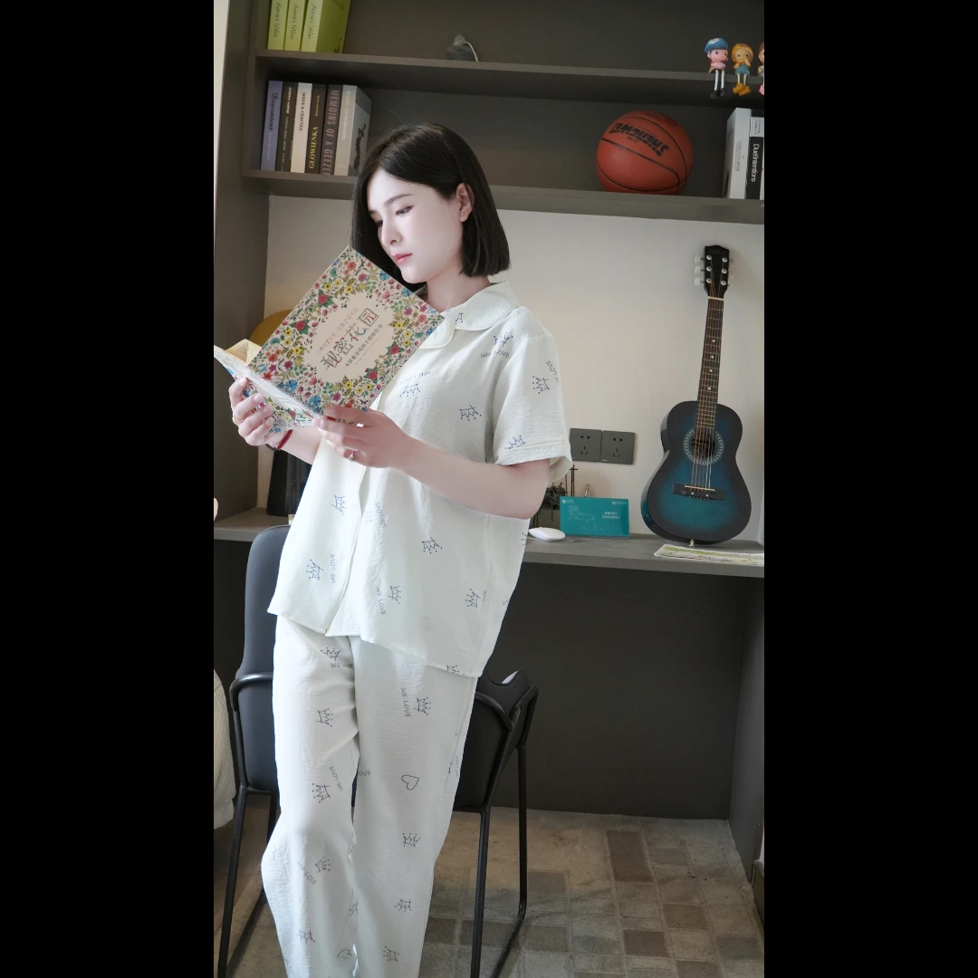 皇冠睡衣夏季女套装舒适时尚休闲春夏夏天薄款宽松印花大码家居服