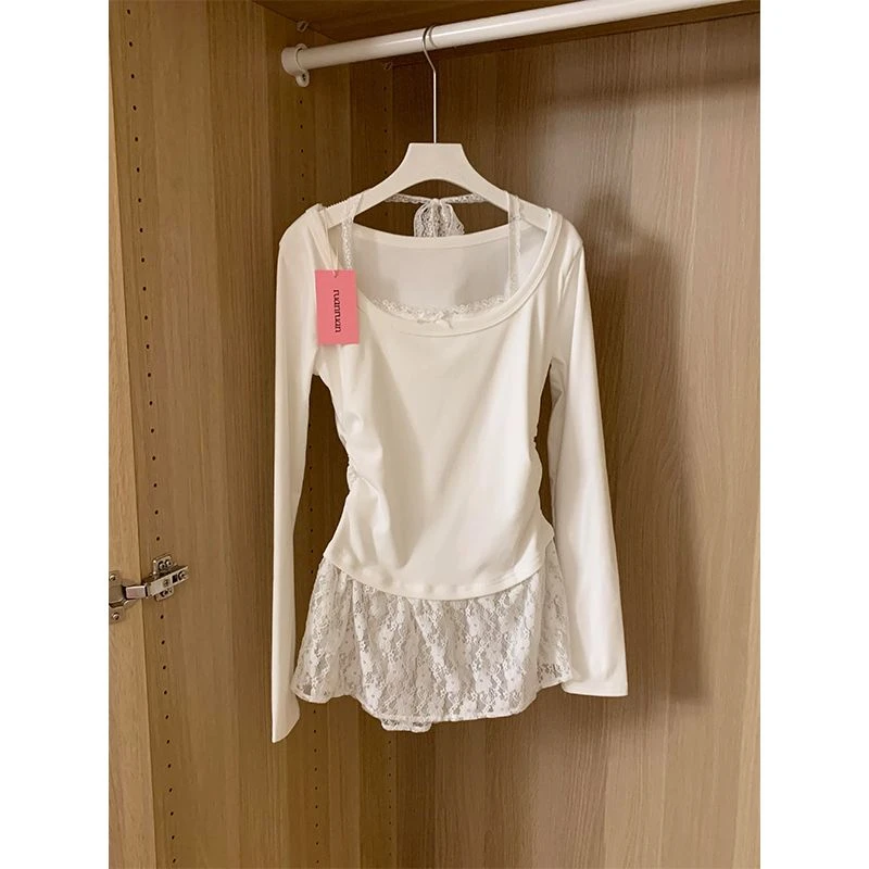 纯色简约挂脖蕾丝拼接假两件上衣秋冬辣妹修身显瘦德绒内搭T恤衫