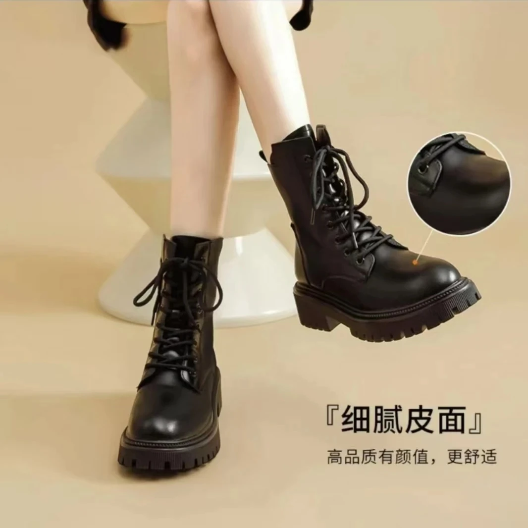 马丁靴女2024新款秋冬季爆款英伦风厚底瘦瘦短靴黑色靴子百搭单靴