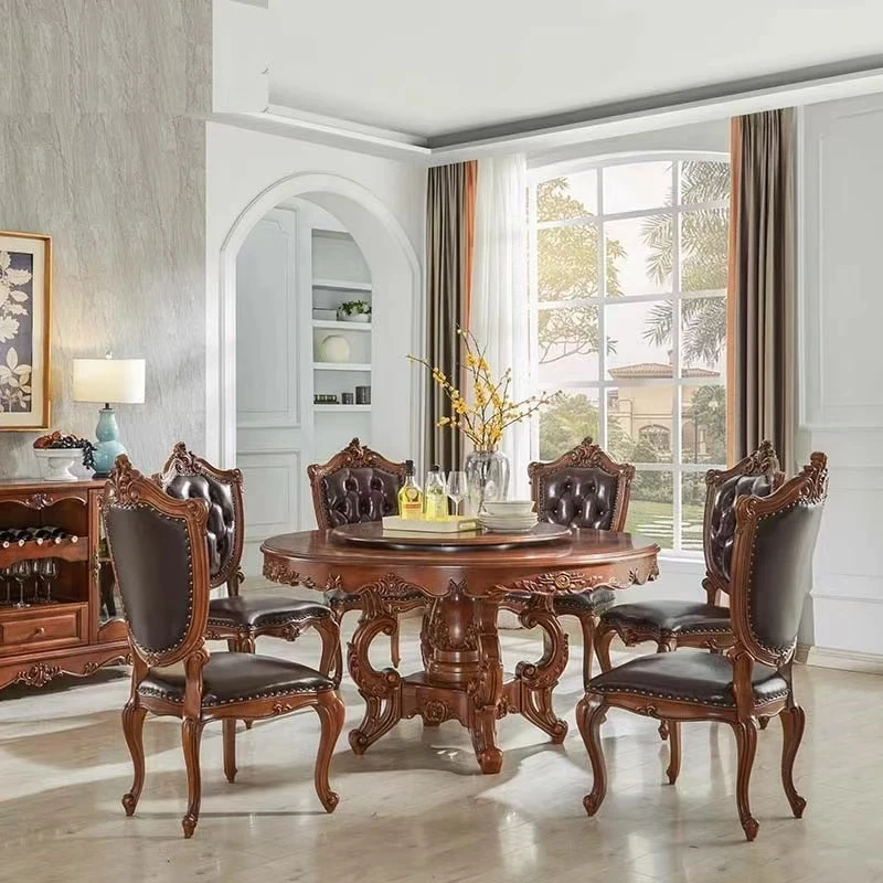 桃花芯原木拼花美式圆餐桌带转盘