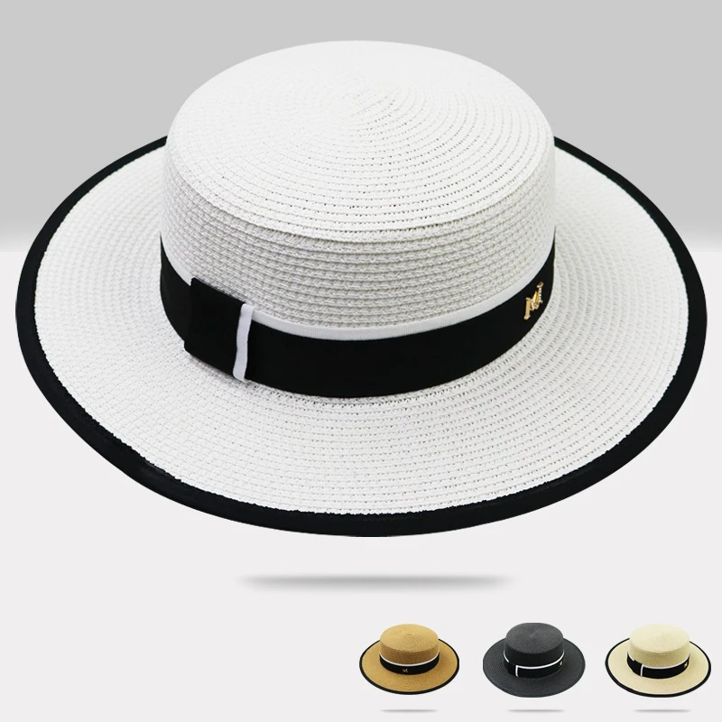 草帽女夏天海边沙滩遮阳帽平沿帽子户外休闲防晒太阳帽草编平顶帽