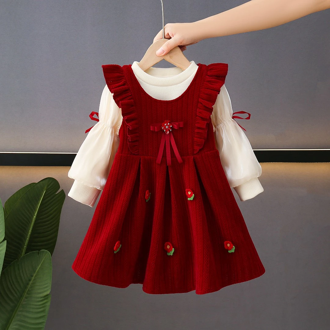女童秋冬季红色连衣裙两件套中小童洋气花朵背心公主裙小女孩1