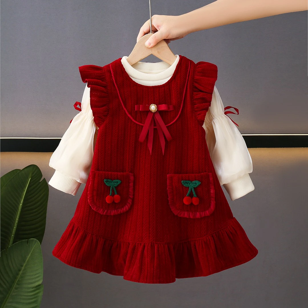 女童秋冬新款洋气加绒两件套中小童韩版樱桃公主裙红色连衣裙1