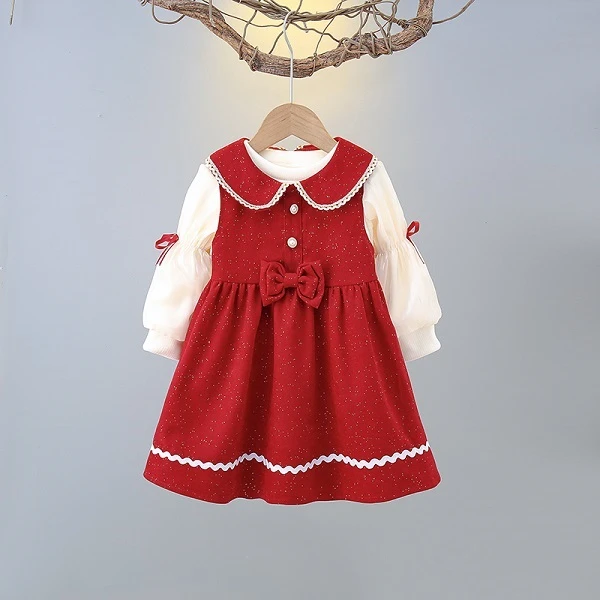 L208女童连衣裙秋冬季新款洋气蝴蝶结宝宝两件套儿童加绒裙子套装