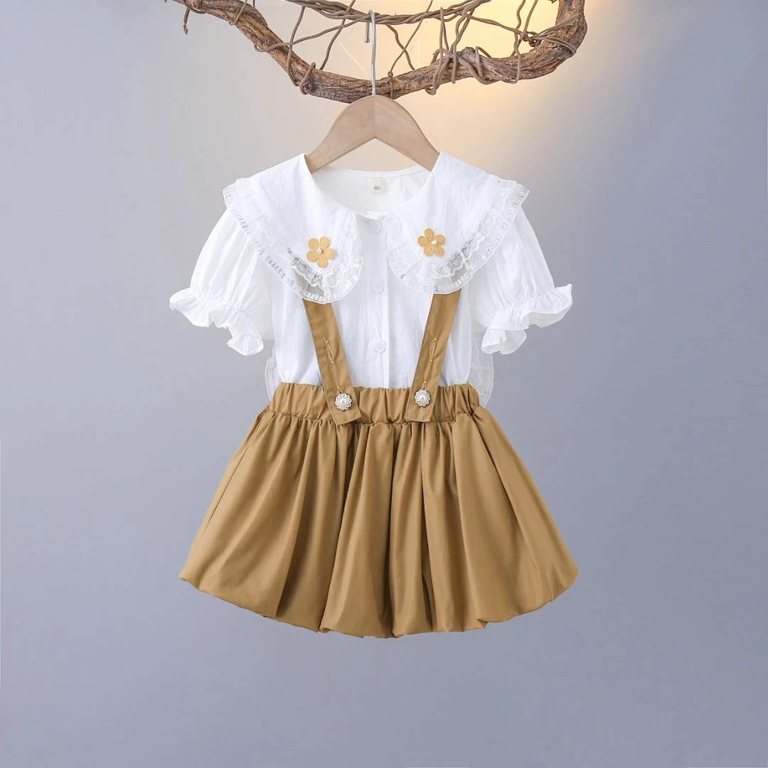 L049女童泡泡袖衬衫夏季新款儿童时尚韩版兔耳朵套装学院风两件套