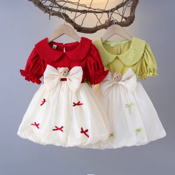 2女童夏季泡泡袖女童时尚娃娃领拼色蝴蝶结洋气连衣裙女宝公主裙