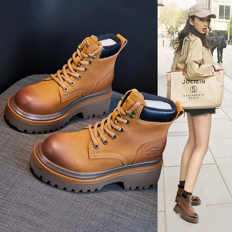 FYZ牛皮内增高马丁靴女英伦风2023秋冬擦色复古厚底大黄靴短靴子