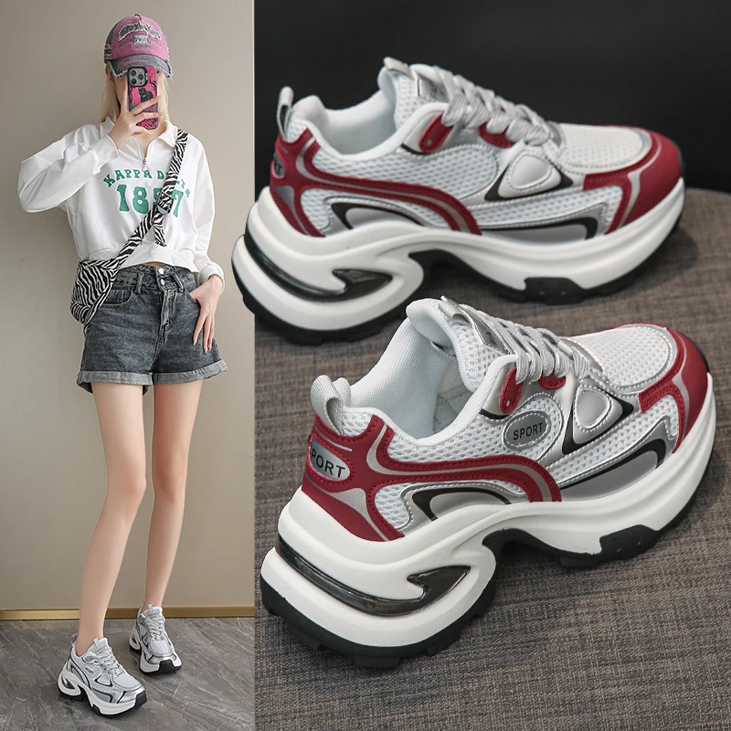 女鞋时尚舒适百搭灰色厚底老爹鞋系带网面潮流女士