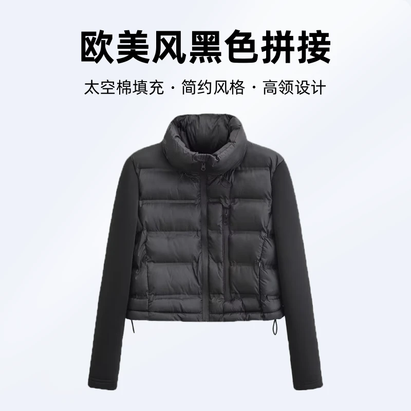 冬季保暖新款女装欧美风黑色拼接棉服短款夹克外套休闲时尚百搭