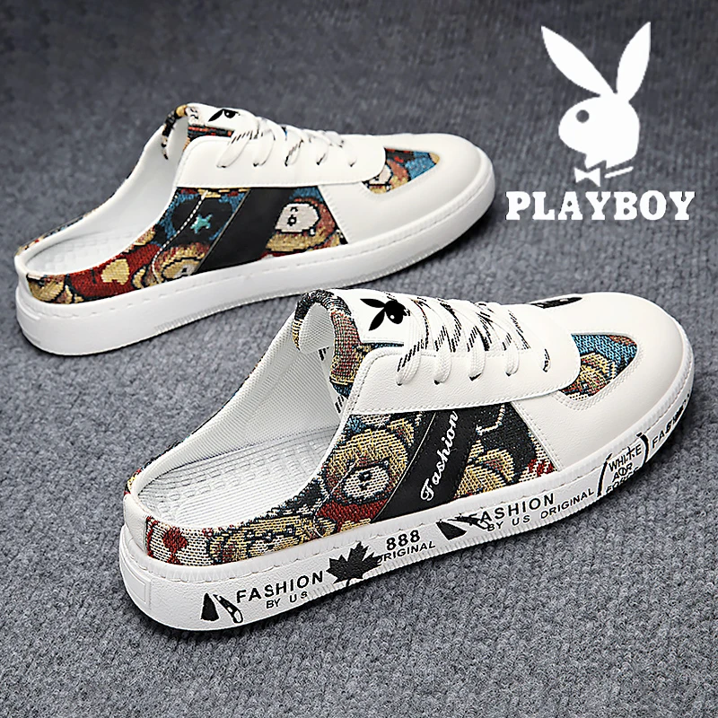 花花公子半拖鞋男士夏季2025新款帆布鞋子青少年百搭休闲透气板鞋