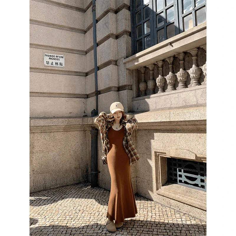 2024秋季新款慵懒风穿搭时尚休闲格子长袖衬衫收腰显瘦包臀连衣裙