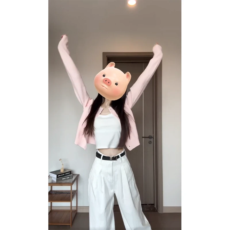 温柔穿搭女士秋季排扣长袖短款小众显瘦百搭针织外衫直筒休闲裤