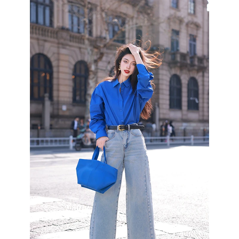 衬衫女士春季新款港风纯色单排扣高级感上衣显瘦百搭长袖衬衣