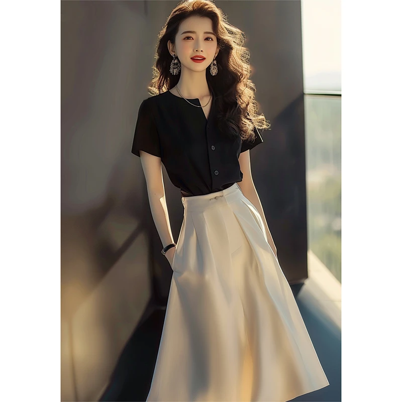 时尚套装女士夏装圆领排口正肩短袖显瘦气质高腰轻熟风小众裙子